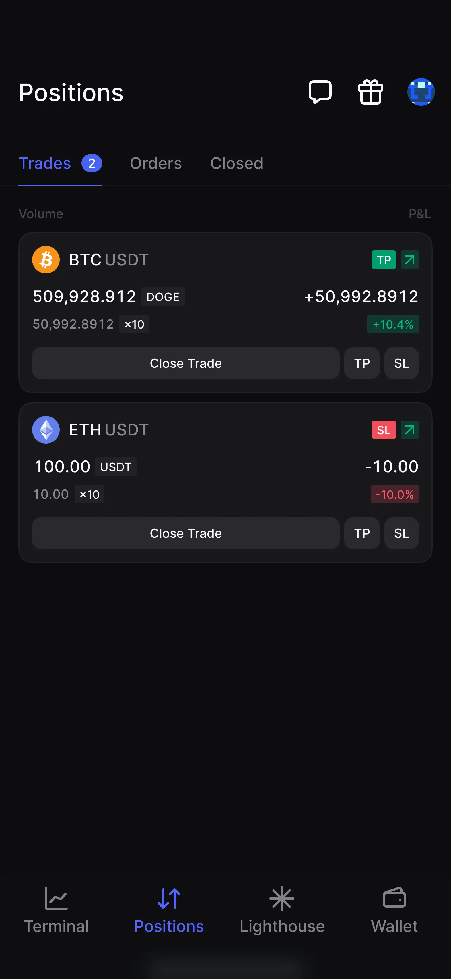 captura de tela de posições abertas no app da Walbi