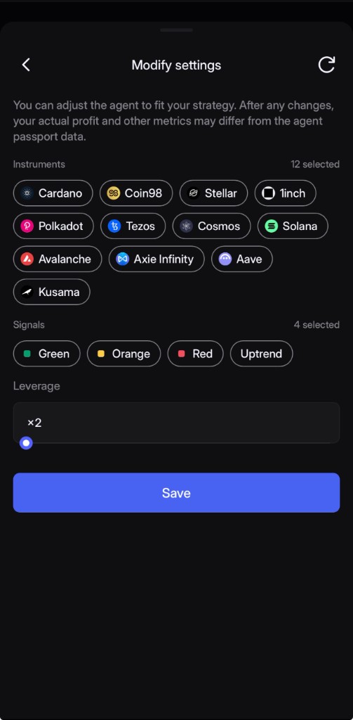 Risk settings screen