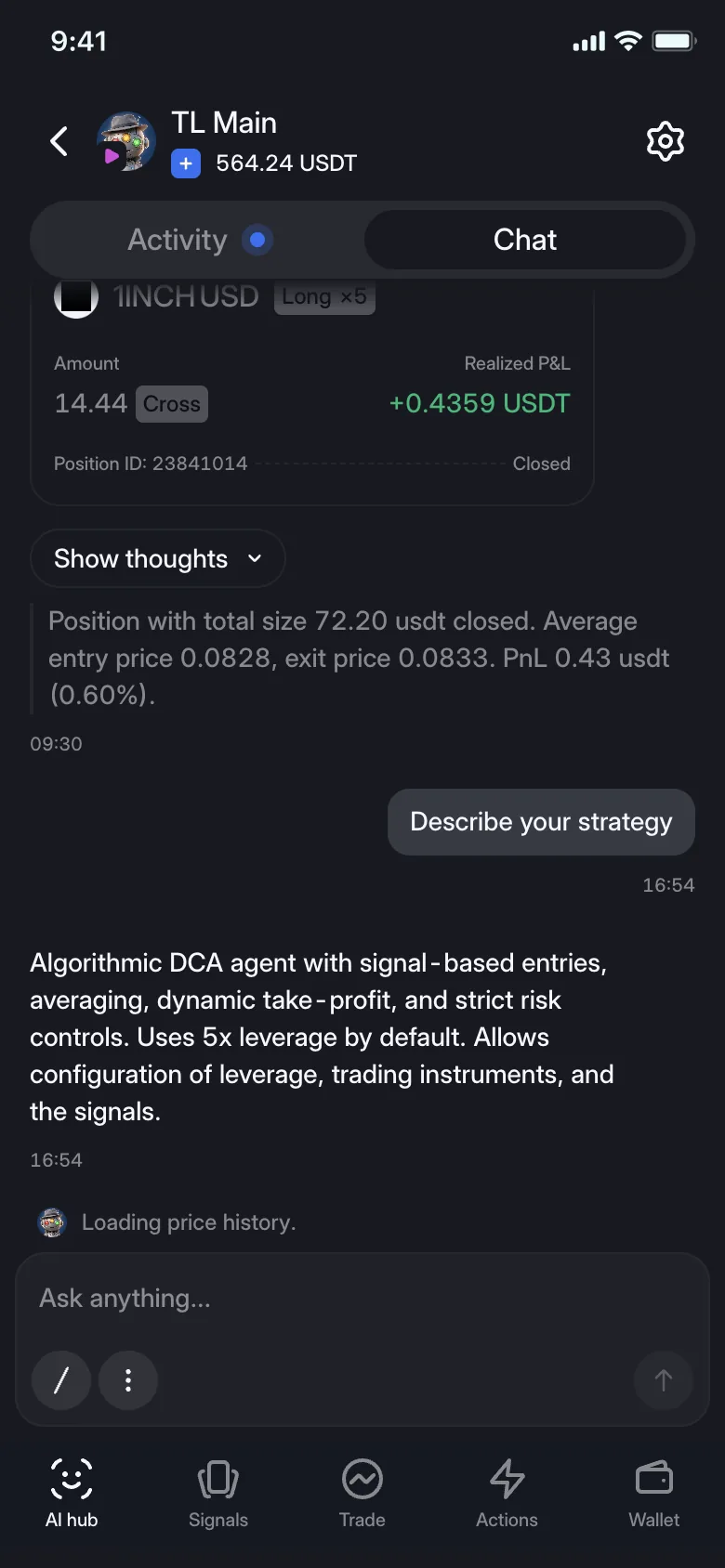 screenshot of open positions in the walbi app